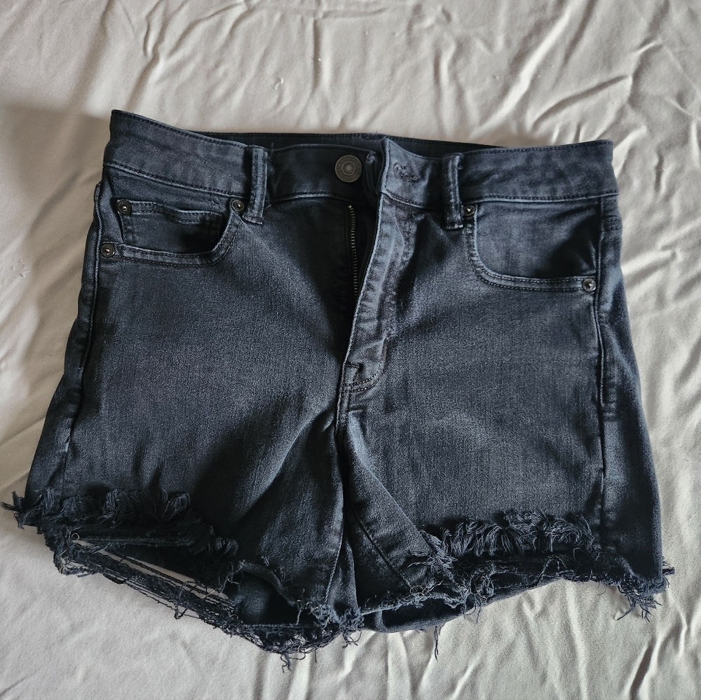 American Eagle Outfitters Black hi-rise Jean Shorts with Distressed Hem